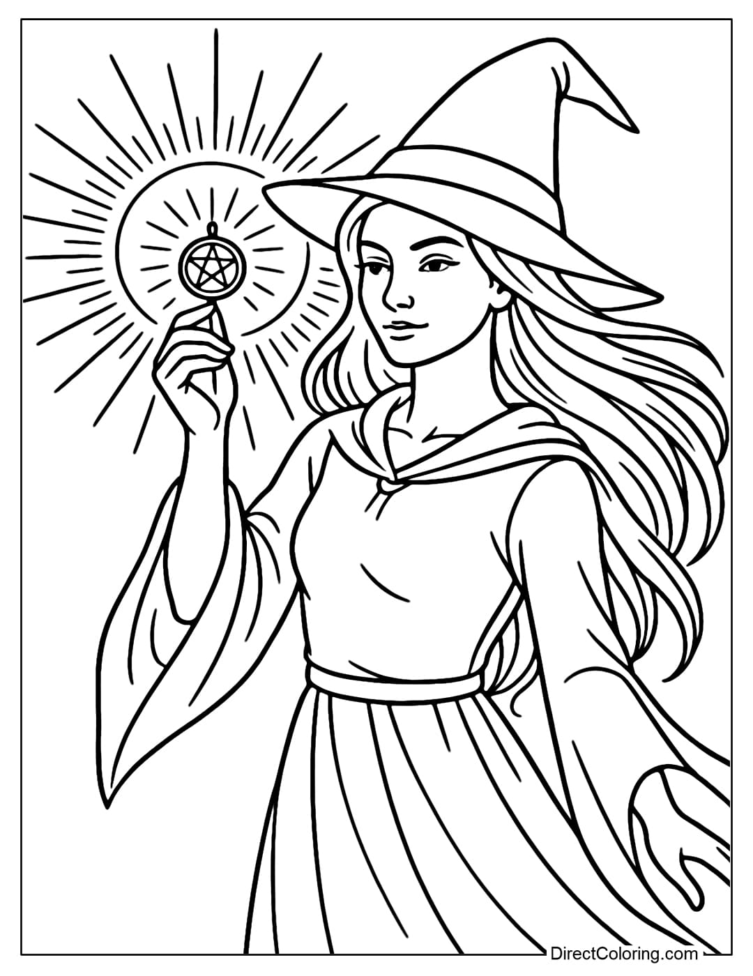 A witch coloring page holding a shining magic pendant, the light spreads into a large circle.