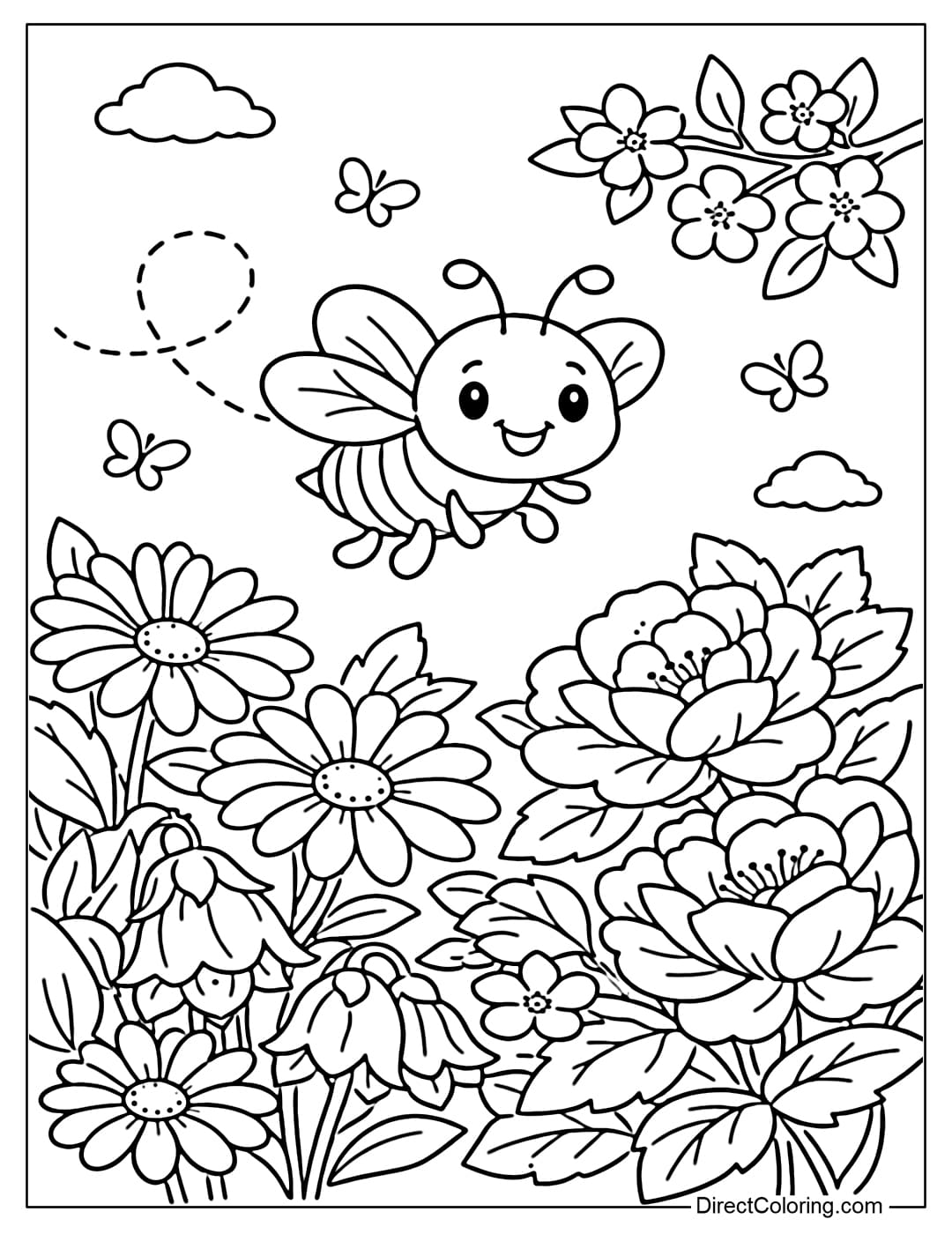 A coloring page featuring a bee flying around blooming flowers.