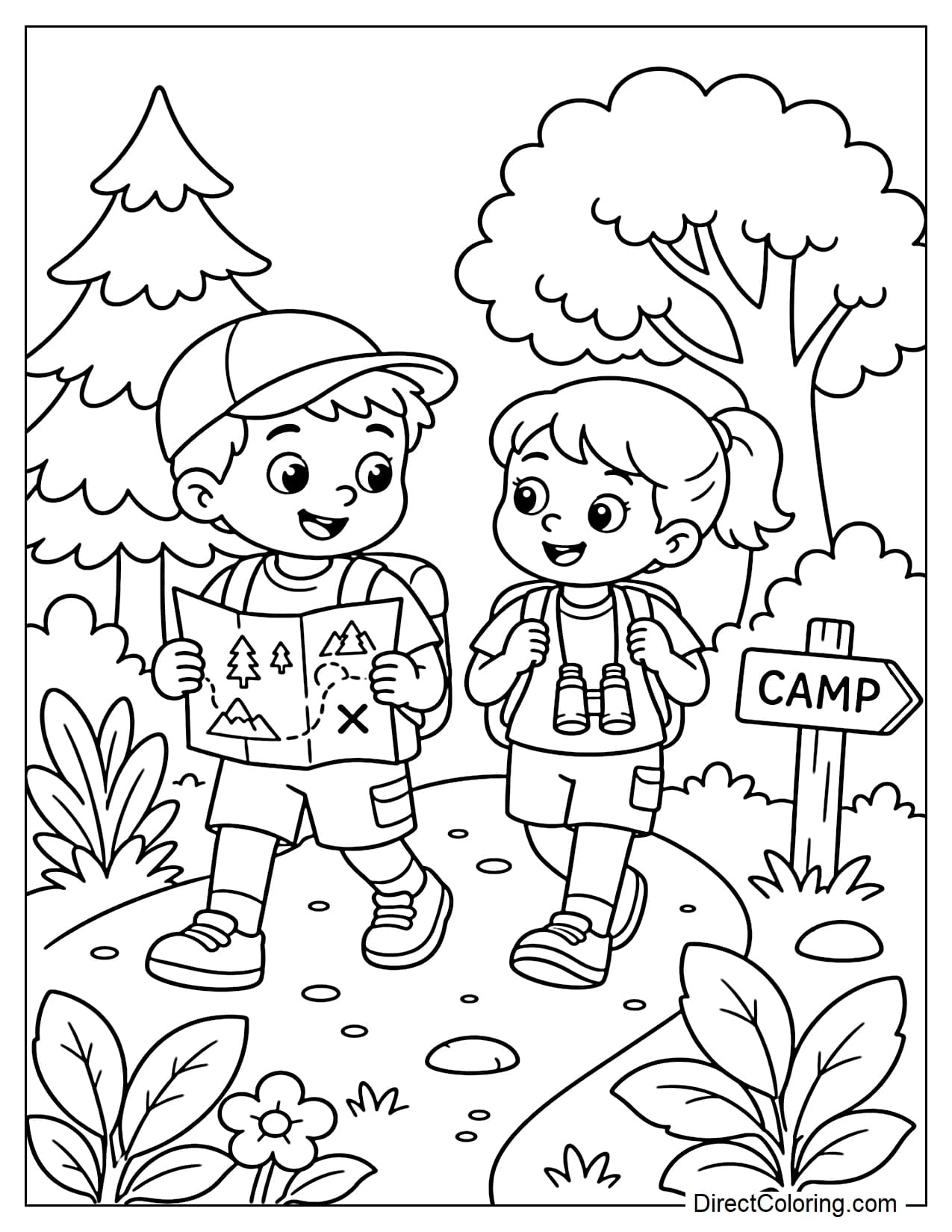 Two children walk on a nature trail at the summer camp, one holding a map, the other wearing binoculars, surrounded by trees, large leaves, and directional signs.