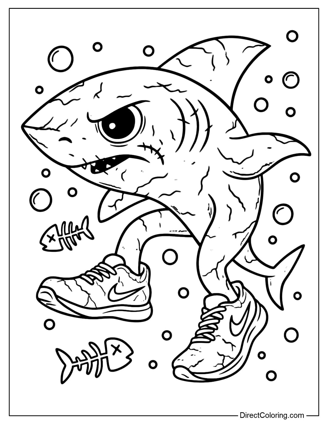 Tralalero Tralala coloring page transformed into a zombie shark, slightly cracked skin, a stitch on the cheek.