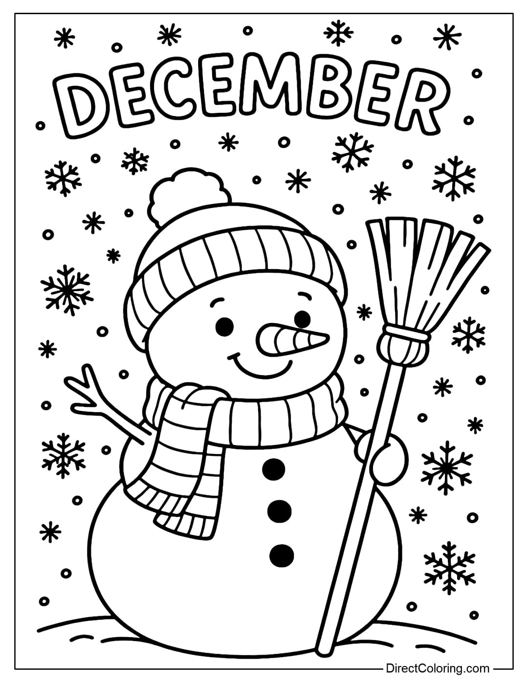 A cute snowman coloring page wearing a woolen hat and scarf, holding a broom, with the word December written on the back.