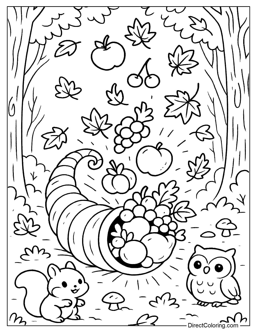 Cornucopia coloring page in the mythical forest, the glowing horn radiates flying fruits, maple leaves rotate.