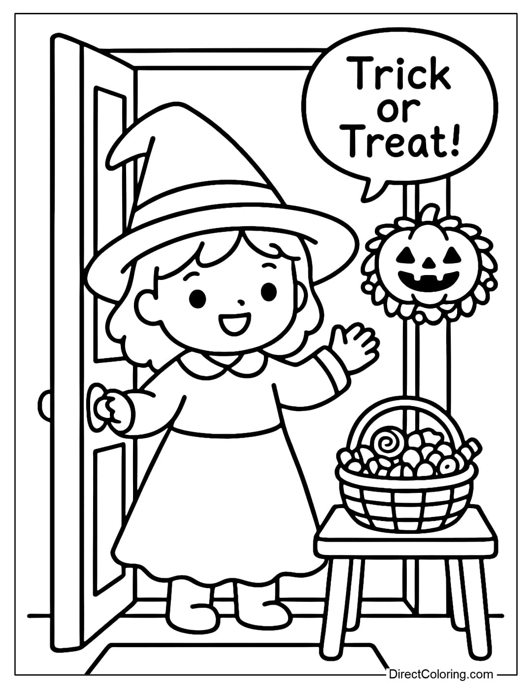 A witch opening the door to welcome friends to ask for candy on Halloween night.