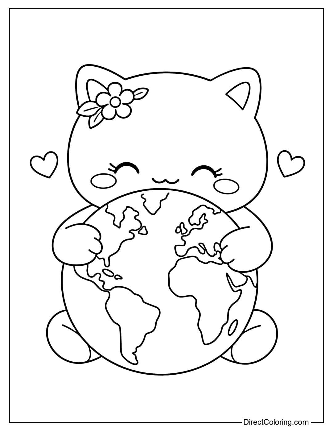 A coloring page of a cute character hugging a large, round Earth to their chest.