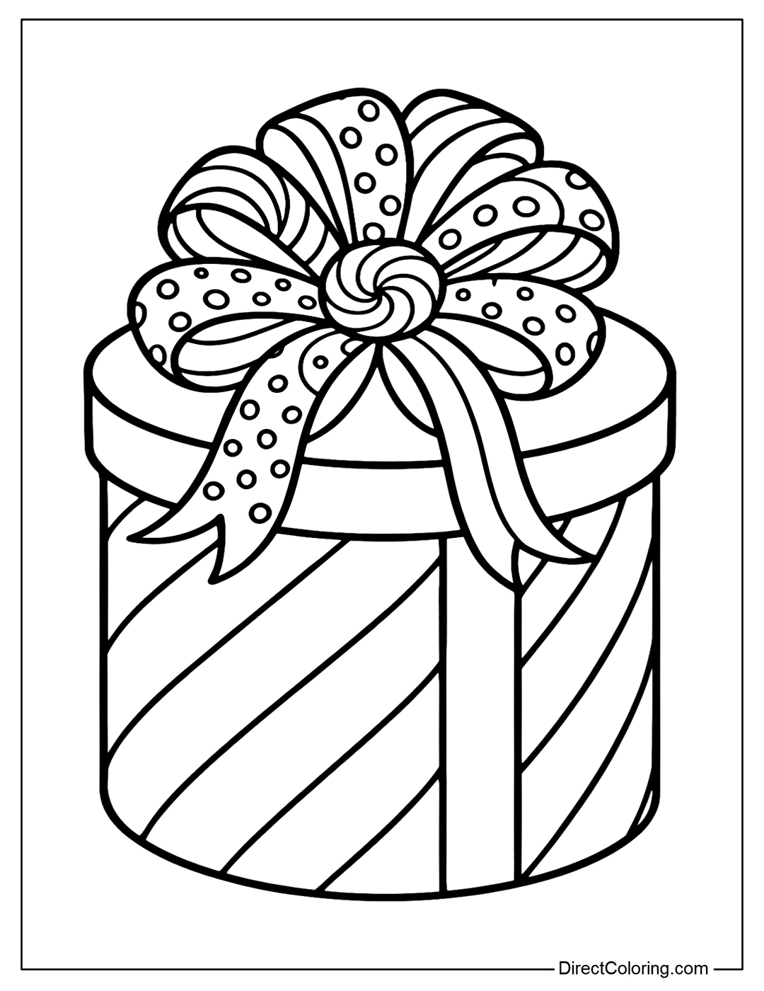 A round peppermint candy cane Christmas gift box coloring page with the body of the box divided into candy cane striped panels. The lid is accented with a multi-tiered peppermint bow.