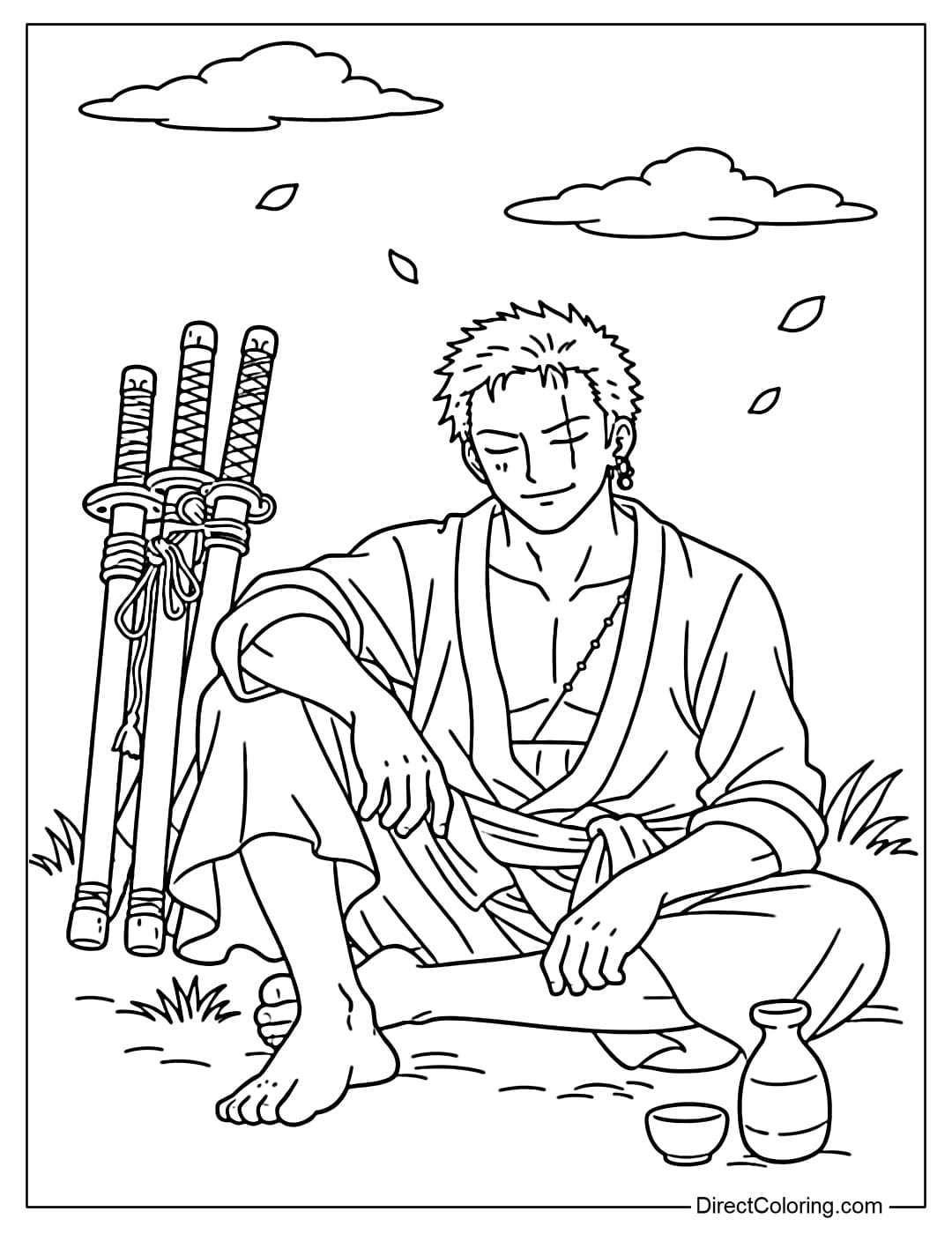 Roronoa Zoro is sitting and resting with a sword beside him, a relaxed image.