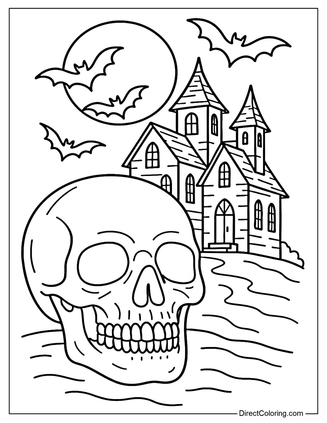 A skull coloring page appearing in a haunted house, behind which is a full moon and flying bats, creating a creepy feeling.