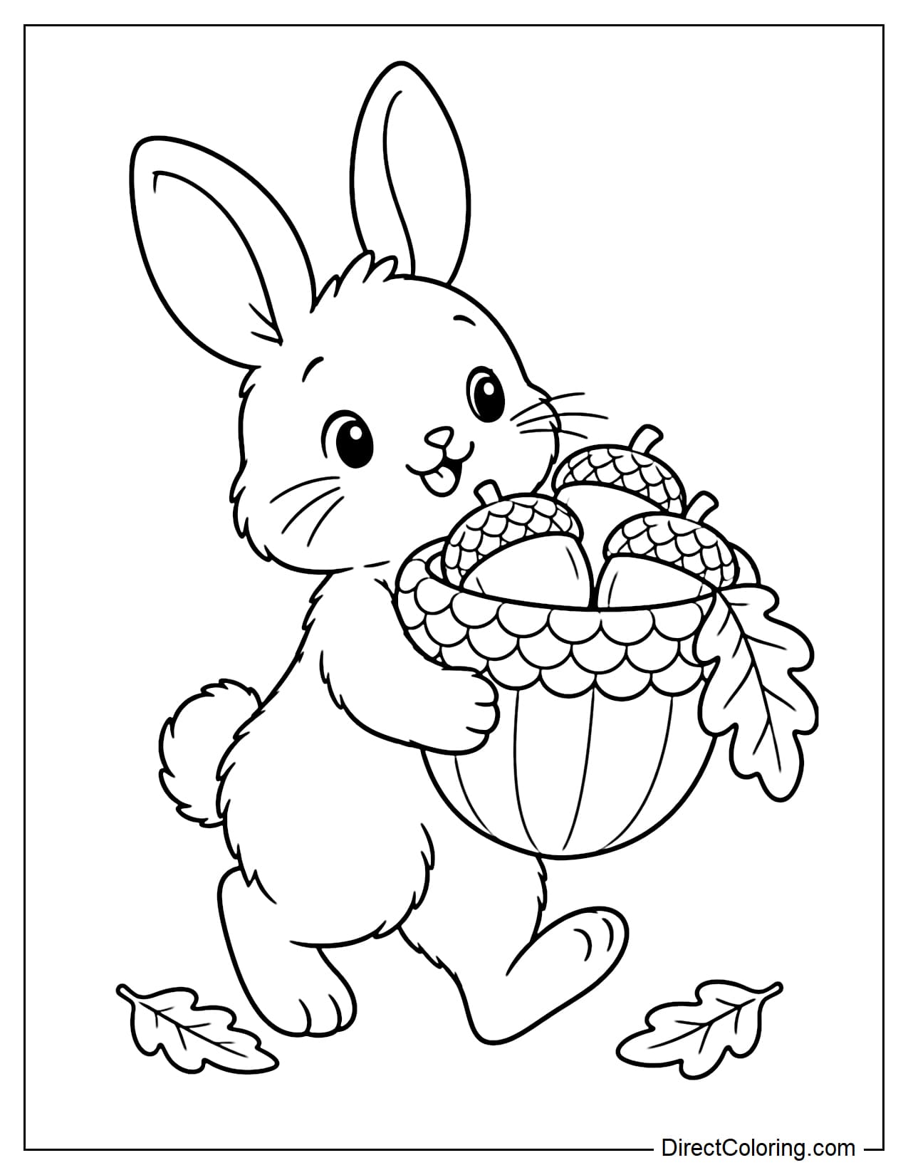 A small rabbit walking while holding a large basket shaped like an acorn cap with both paws. The basket contains three large acorns, with one large oak leaf tucked beside it.