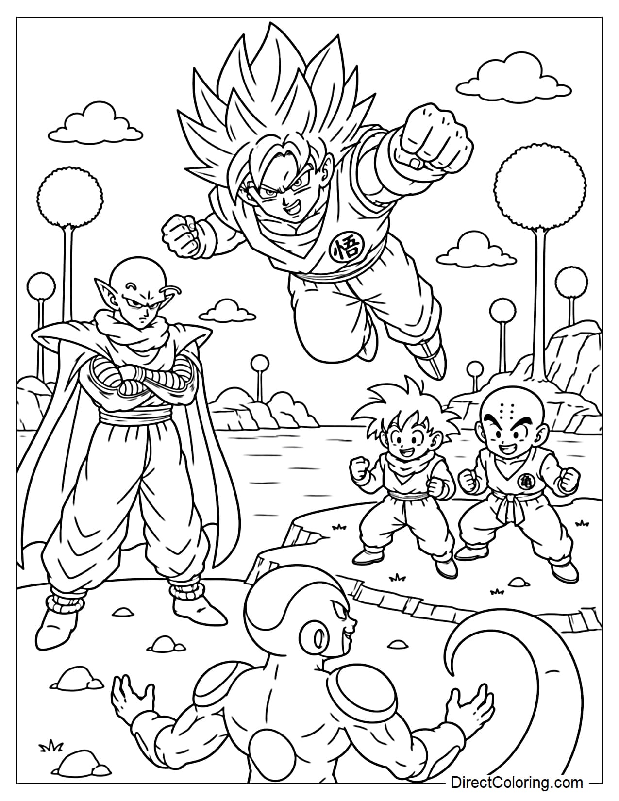 Dragon Ball Z Namek Saga features Goku Super Saiyan flying above, Piccolo on the left, young Gohan and Krillin on the right, Frieza in his final form below, surrounded by slender Namekian trees, water, and rocks.