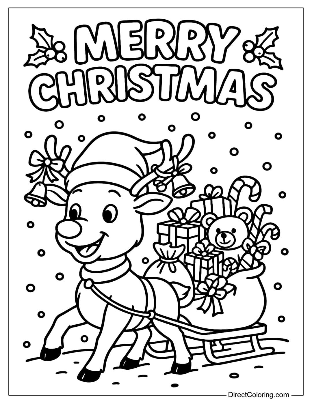Rudolph Red Nose Coloring Page is pulling a sleigh full of gift boxes, candy bags and toys, in the light snowfall of Christmas Eve.