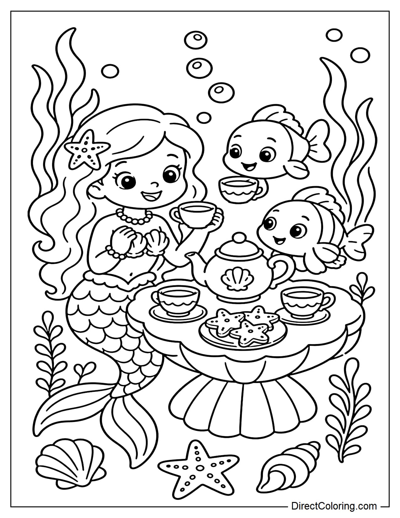 A mermaid is having a tea party underwater at a small seashell-shaped table. Beside her are two small fish, a teacup, starfish-shaped cookies, and some seaweed.