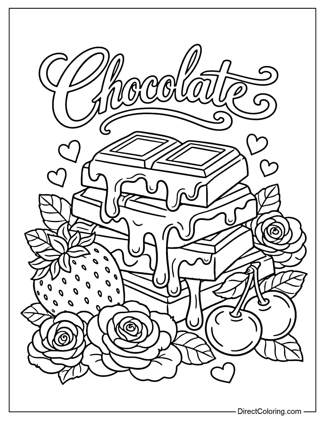 Coloring page for chocolate bars stacked on top of each other in a lively arrangement, interspersed with strawberries, cherries, and a few soft roses, with the word 