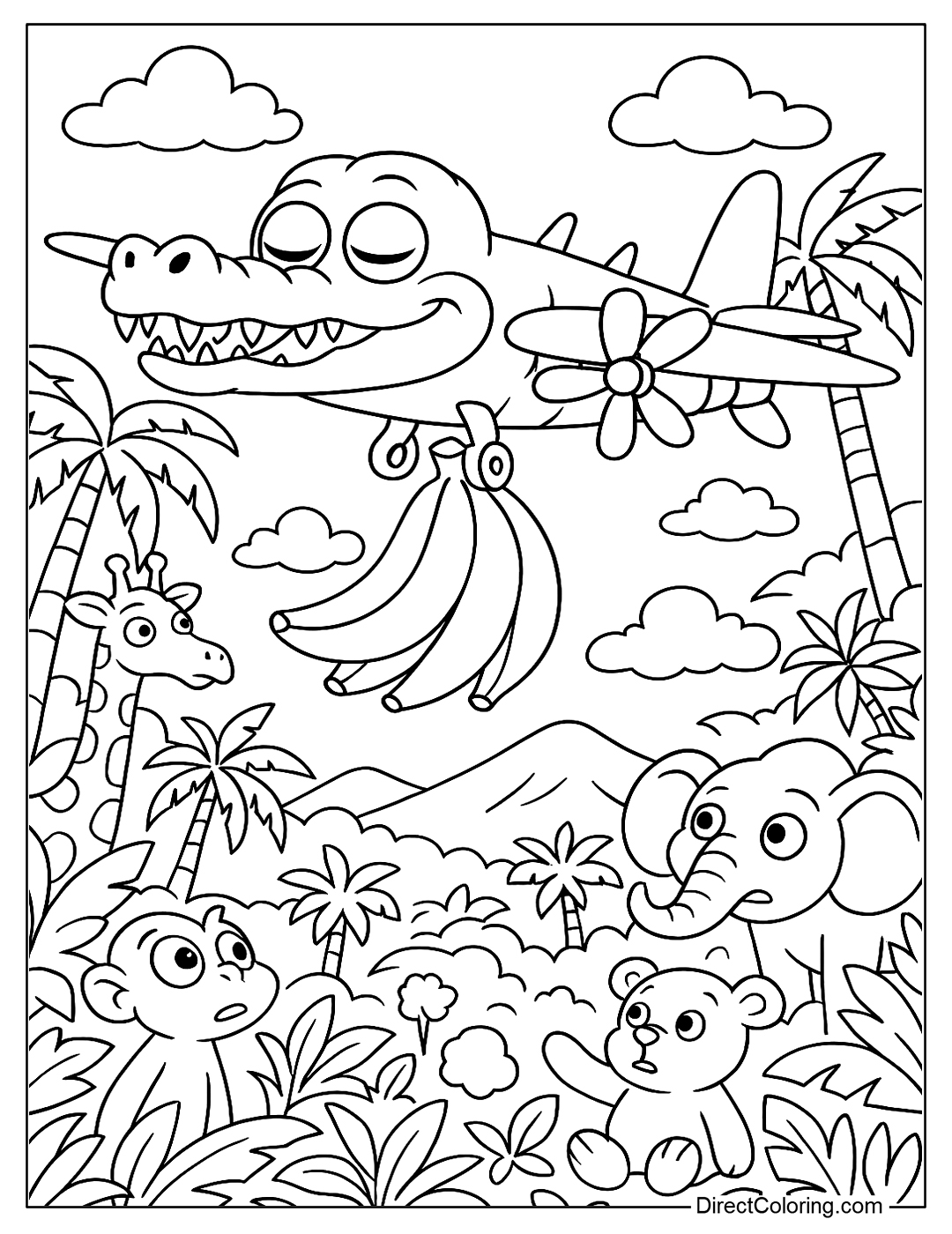 Bombardiro Crocodilo coloring page is flying over the rainforest, carrying giant bananas on its belly instead of bombs.