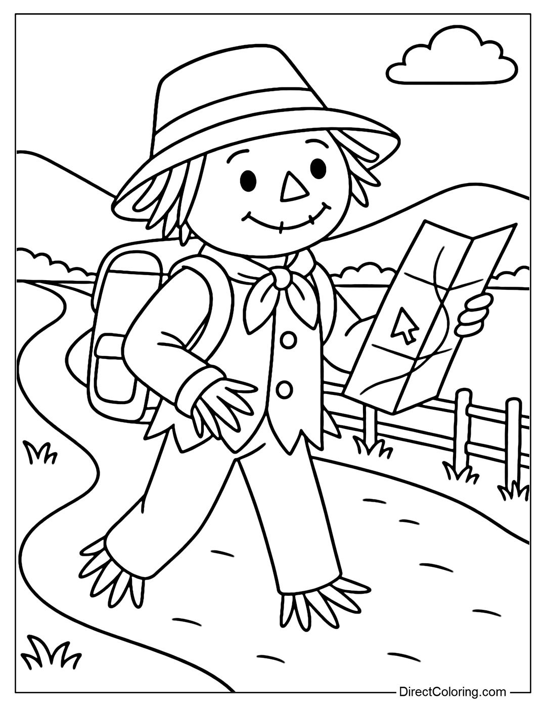 A travel scarecrow coloring page, carrying a backpack, holding a map, with a village road and a distant field in the background.