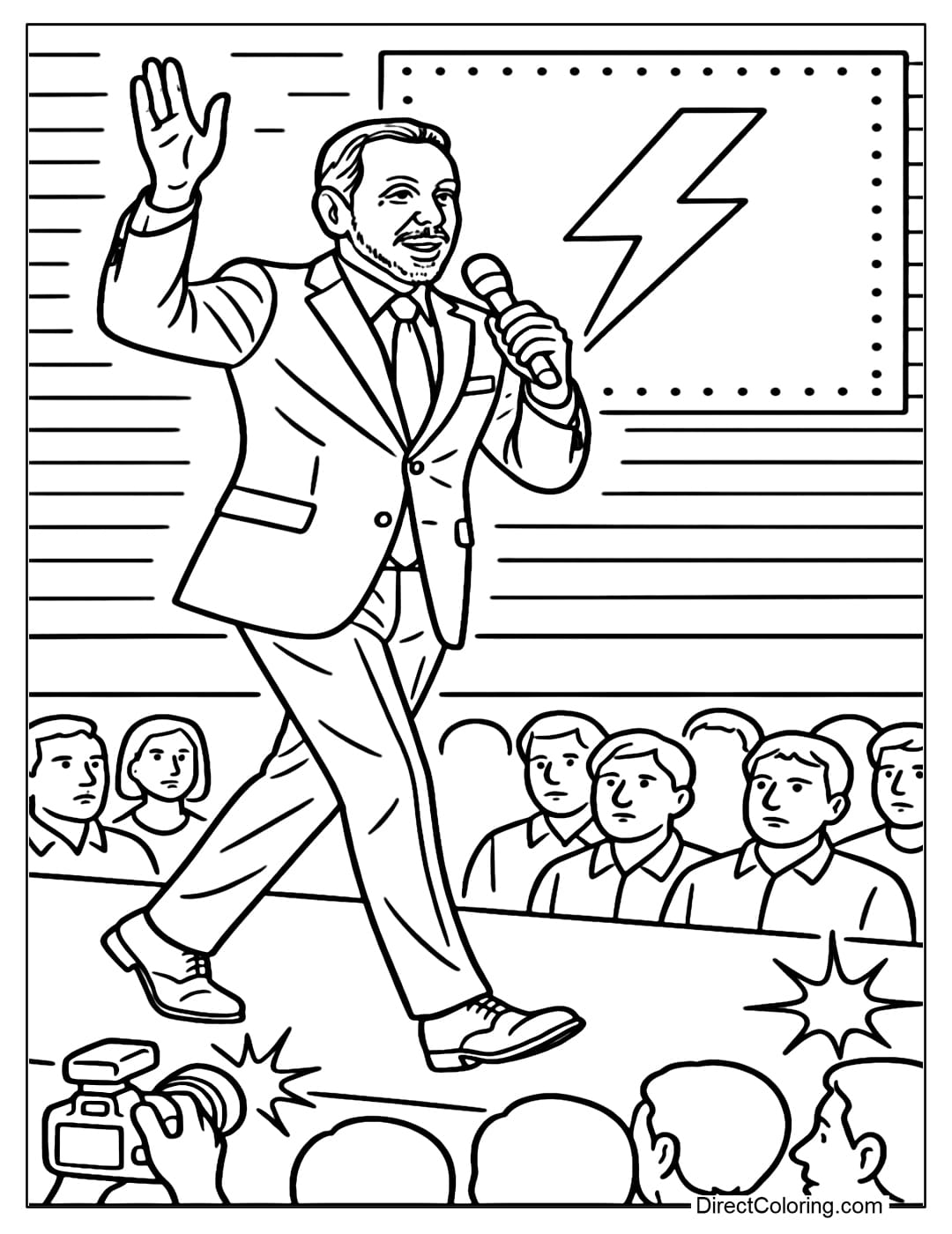 Larry Ellison on the Big Stage Coloring Page Larry Ellison Coloring Page is presenting in front of a big screen, the audience is listening attentively.