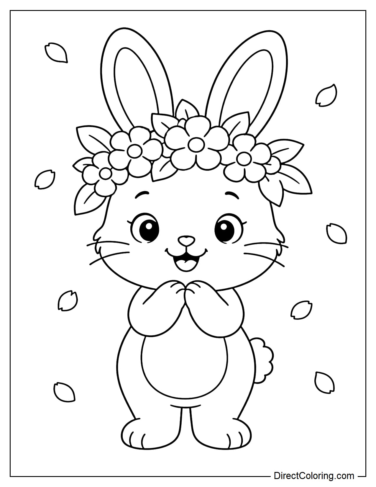 A rabbit stands wearing a large flower crown made of simple round flowers and a few large leaves, with both paws resting gently in front of its chest.