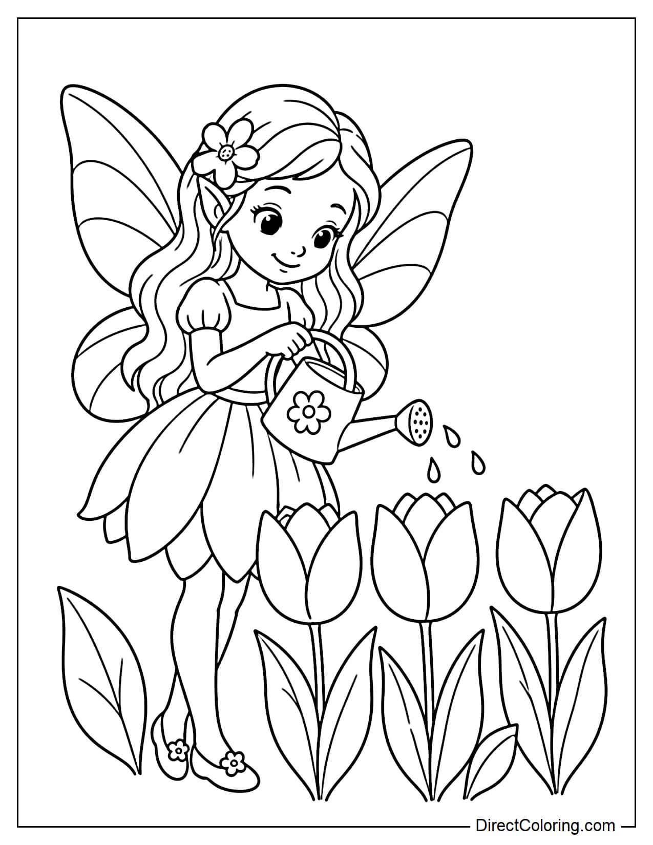 A fairy is holding a watering can and tending to a row of large tulips.