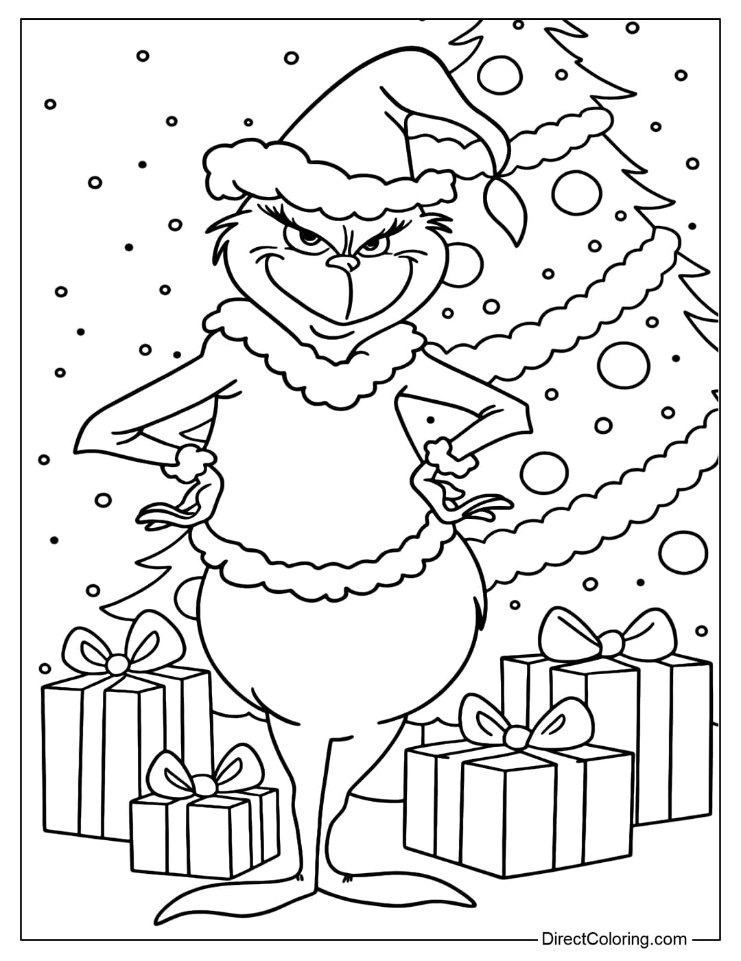 Coloring page of a mischievous Grinch dressed as Santa Claus, with arms crossed and a sly grin in front of a Christmas tree.