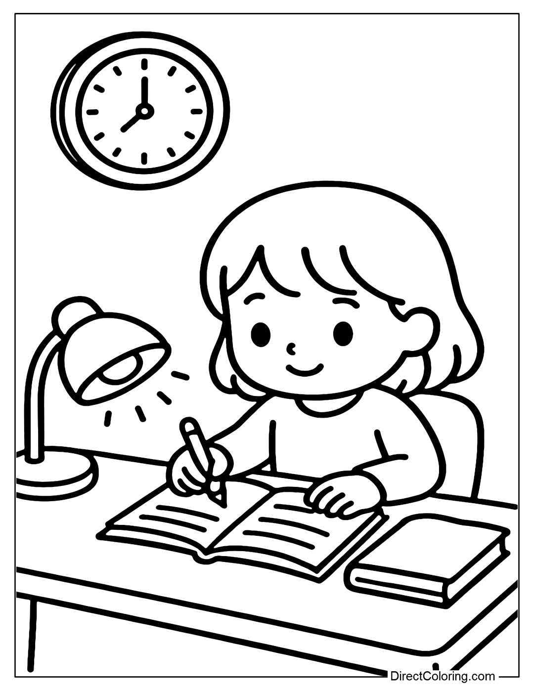 Coloring page of children sitting at the desk doing homework, with books, pens, a bright desk lamp and a wall clock.