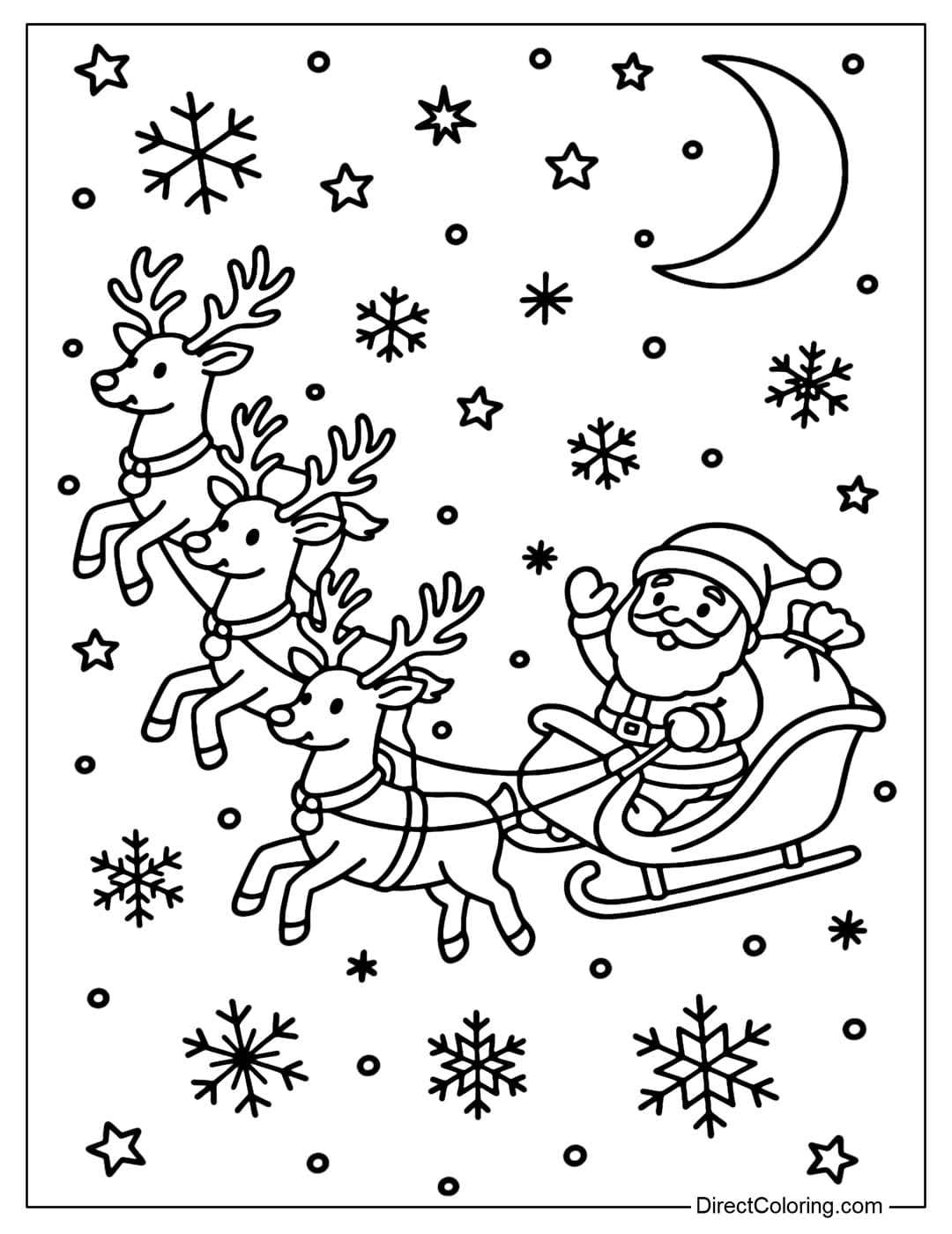 Reindeer Team with Santa Coloring Page Coloring page of reindeer pulling Santa's sleigh flying in the night sky.