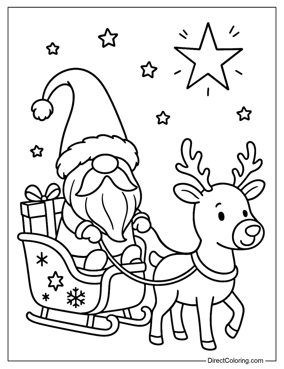 A coloring page featuring a cute gnome dressed as Santa Claus, sitting on a Christmas sleigh with a reindeer in front.