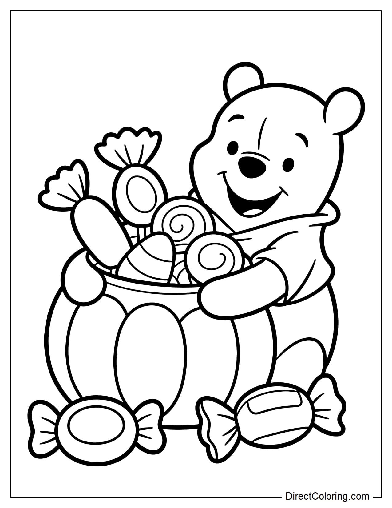 Winnie the Pooh happily holds a large pumpkin-shaped basket filled with a few large Halloween candies, with two large pieces of candy lying on the ground.
