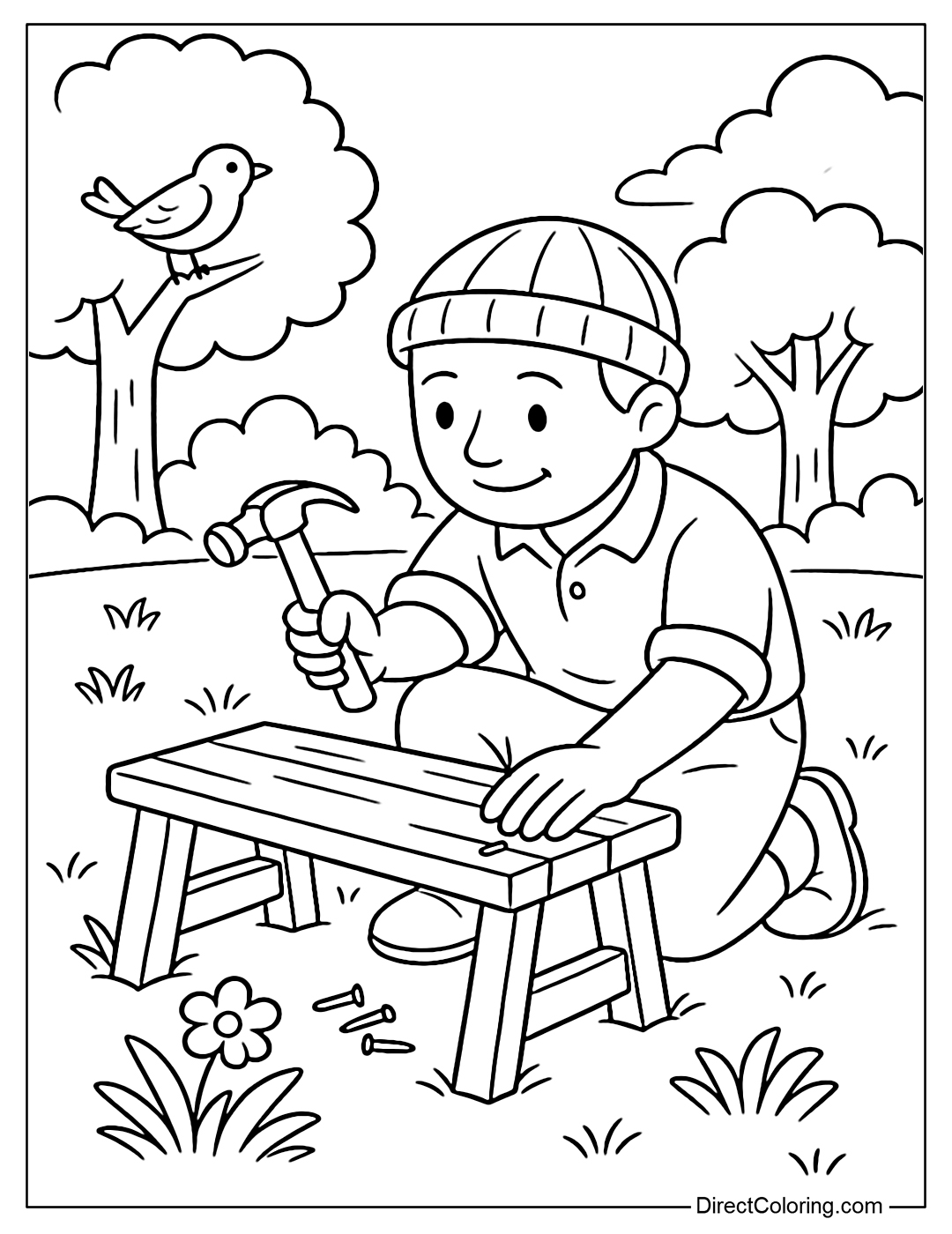 Carpenter Building a Bench Outdoors Coloring Page, with hammer in hand, surrounded by trees and small birds.