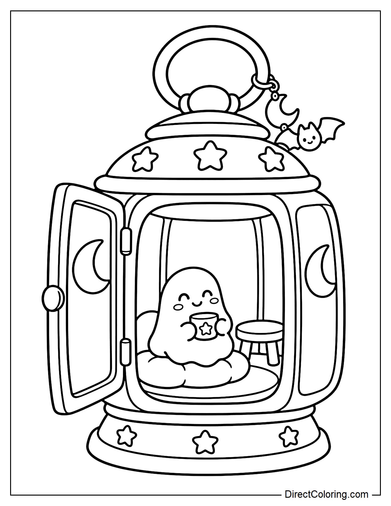 A little ghost rests inside a giant Halloween lantern with one side open like a doorway. Inside are a small stool, a round rug, and a soft pillow for the ghost to sit on.