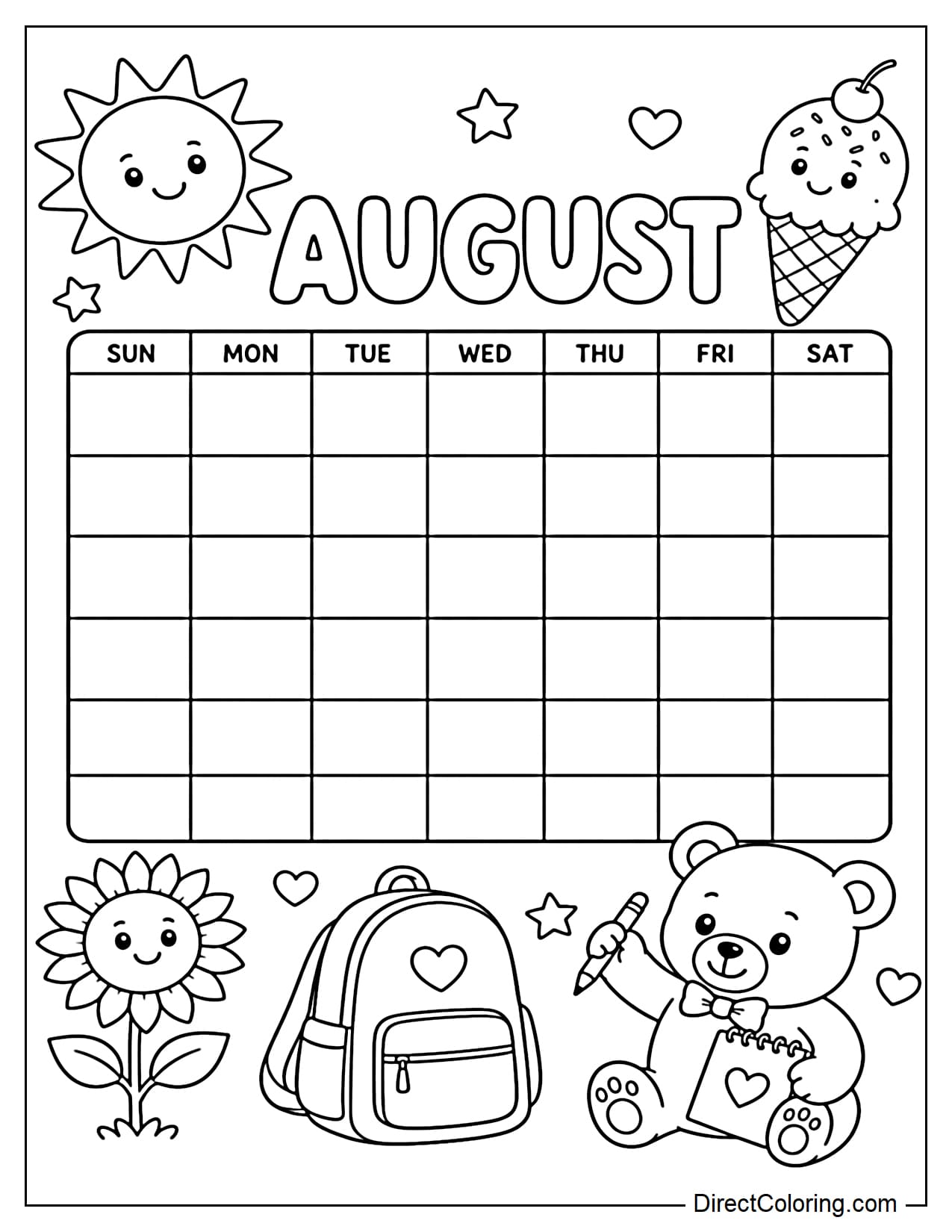 A large August calendar with cute stickers like the sun, ice cream, sunflowers, backpacks, and a little bear holding crayons.