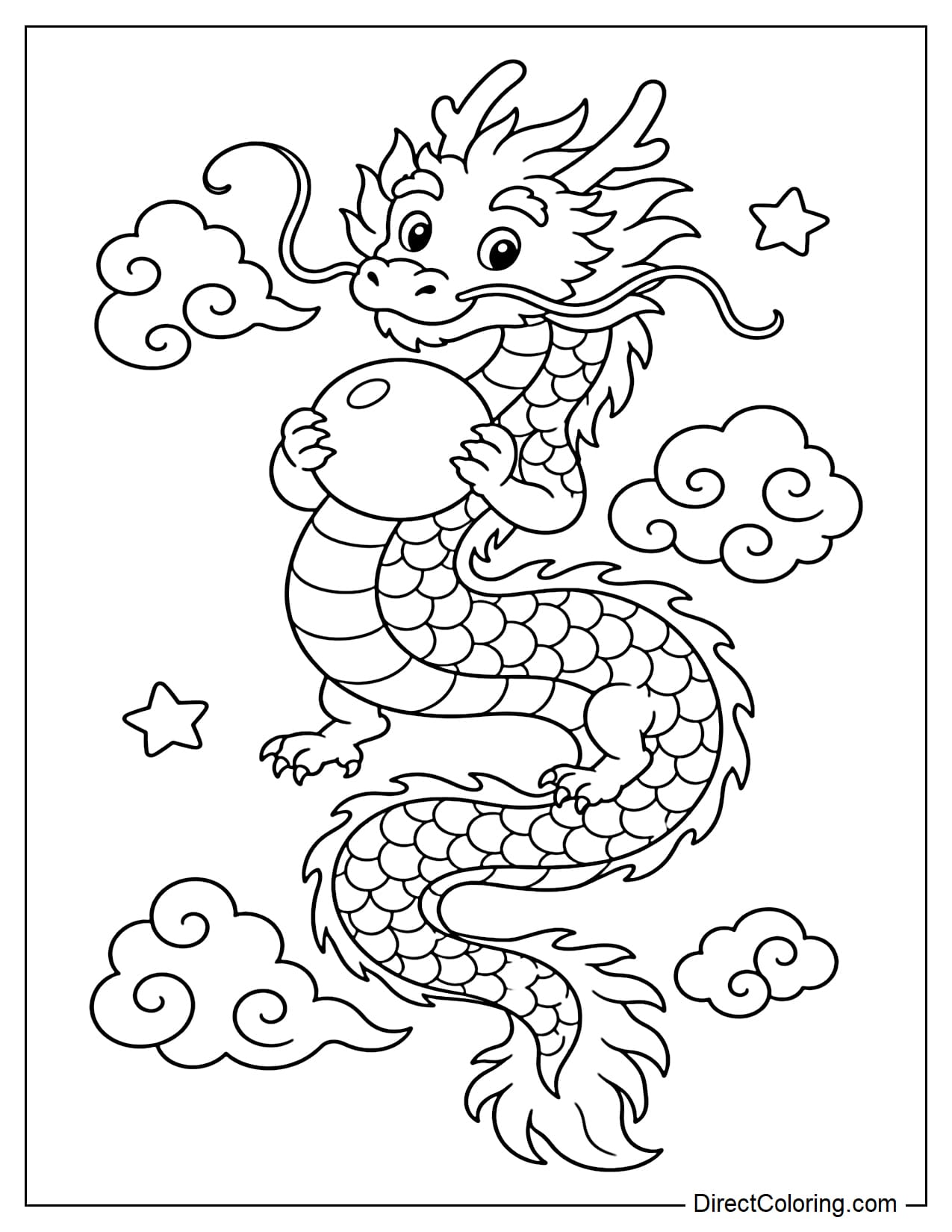 A long Eastern dragon is curving through the clouds while holding a large round pearl with its front claws.
