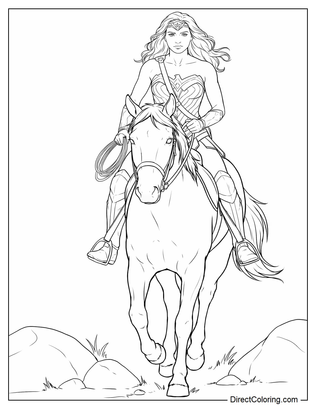 Wonder Woman rides a horse walking forward on Themyscira, holding the reins with one hand and a large coiled Lasso of Truth beside her body with the other. A few large rocks and patches of grass appear below.
