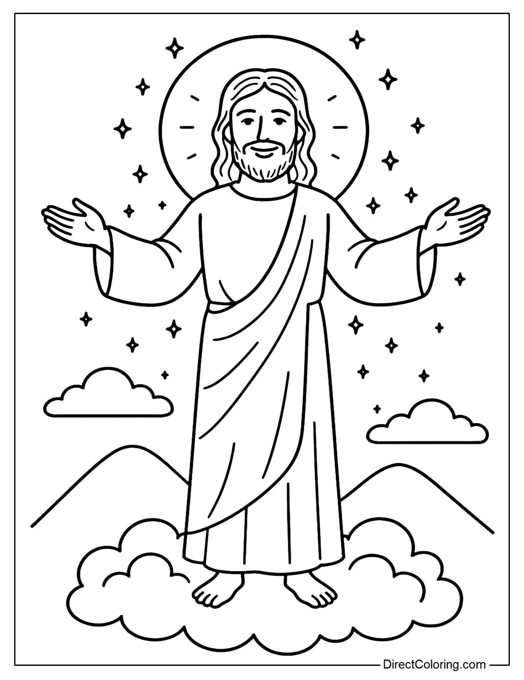 Jesus appears on a fluffy cloud, smiling gently, his arms open in blessing; around him is a glowing halo.