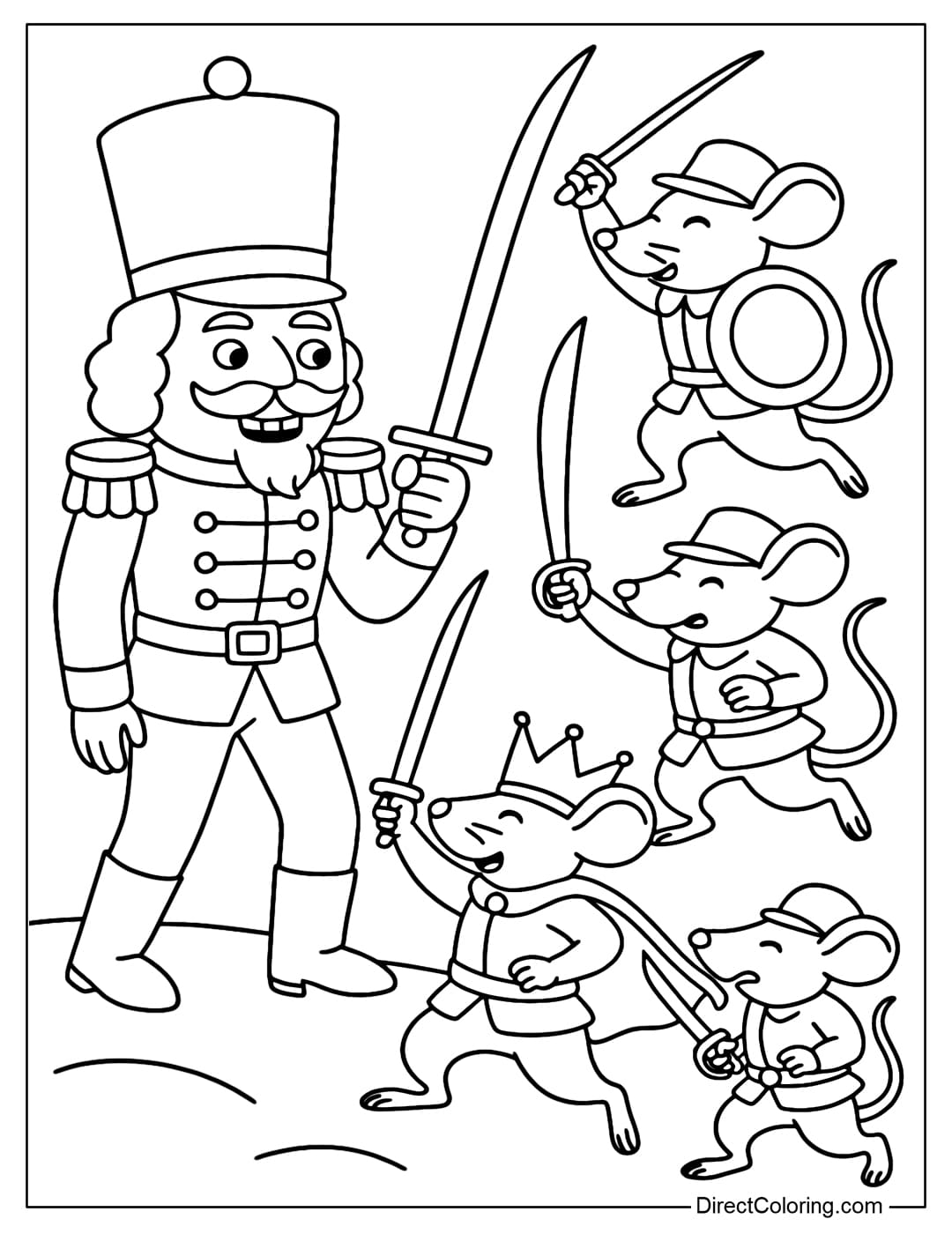A gentle battle coloring page between Nutcracker and the mouse army.