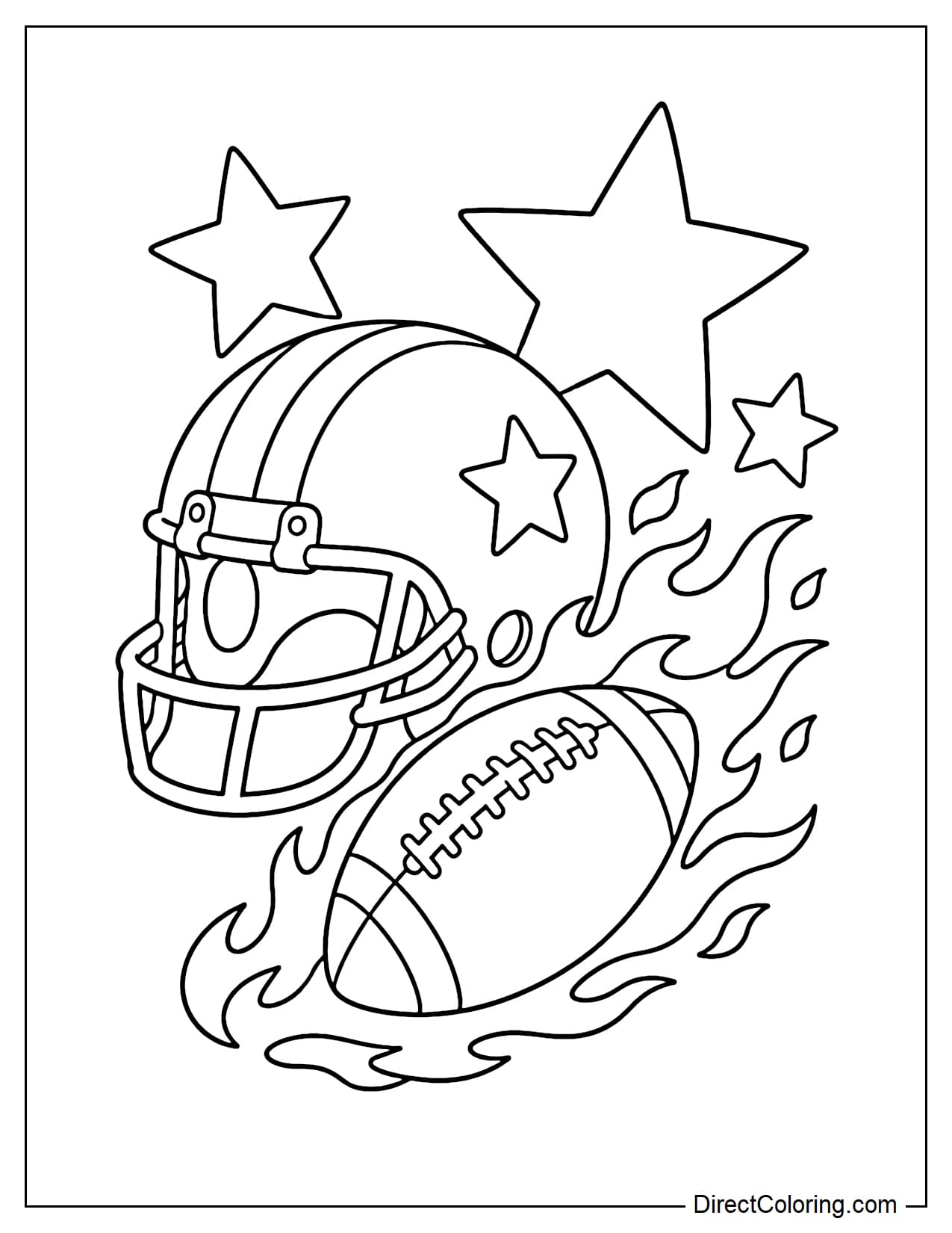 A football helmet rests beside a football surrounded by stylized flames, with several large stars decorating the background.