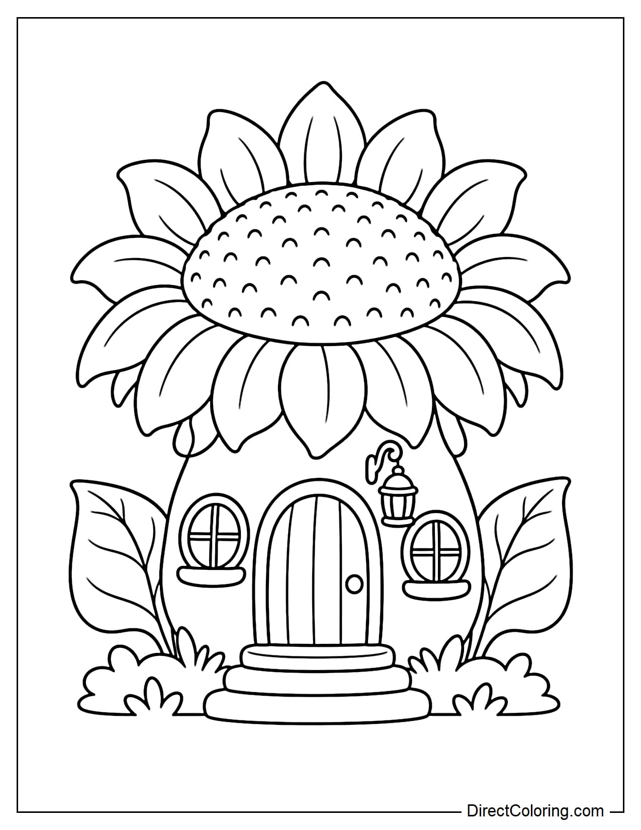A fairy-tale cottage with a giant sunflower for a roof, featuring an arched door, two round windows, and a lantern hanging above one window. Wide petals spread out like a roof awning, with two large leaves on either side of the cottage.