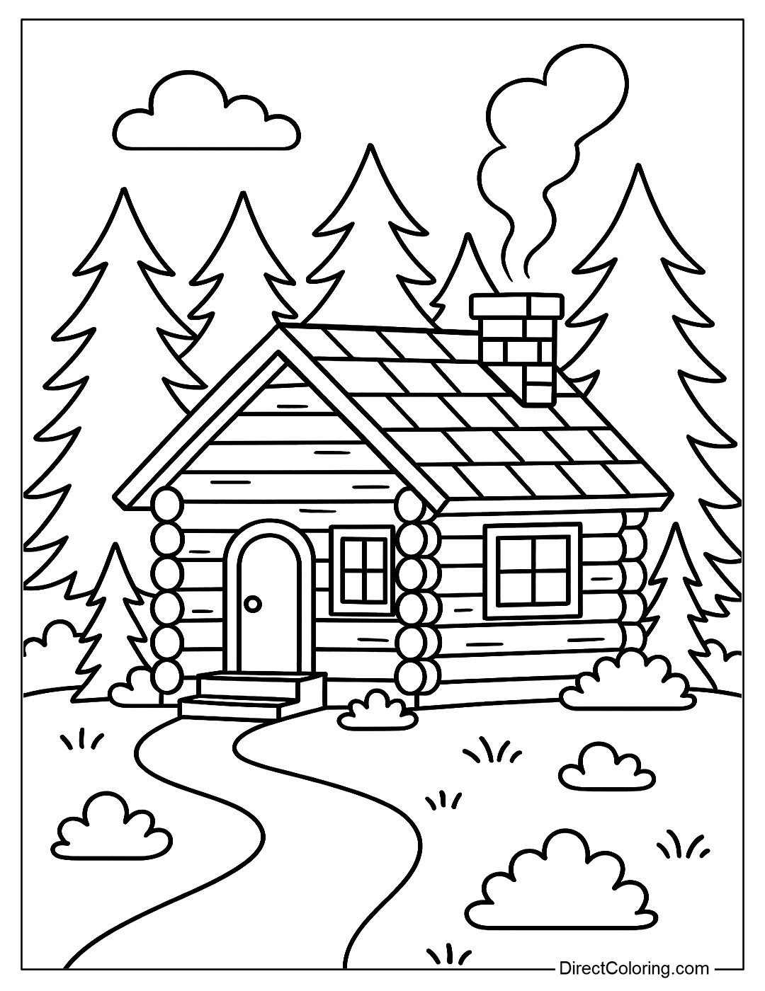 a coloring page of a small wooden house in the middle of the woods, with smoke coming out of the chimney