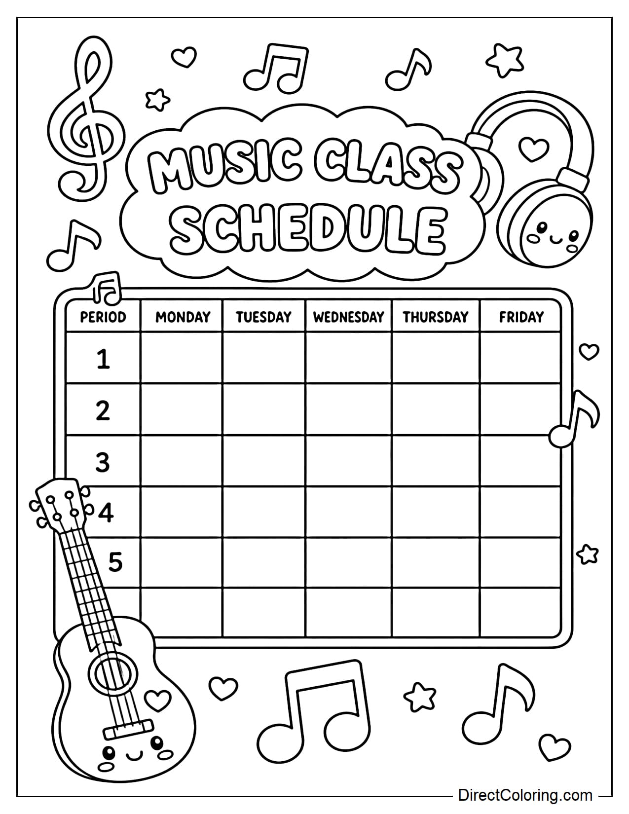 A music class schedule featuring large musical notes, a small ukulele, cute headphones, and a simple weekly schedule board.