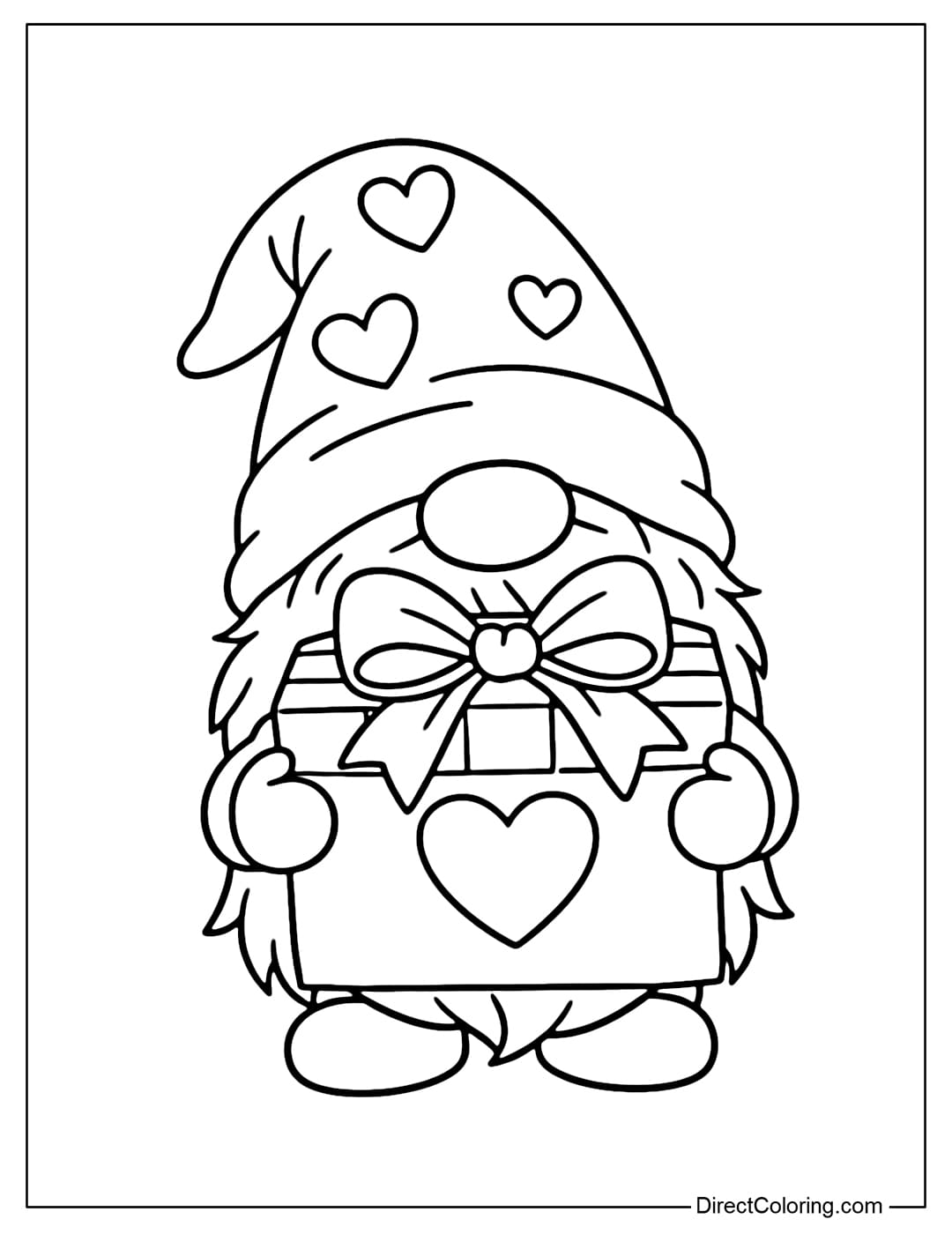 A coloring page of a gnome holding a square Valentine's Day gift box with a large bow.