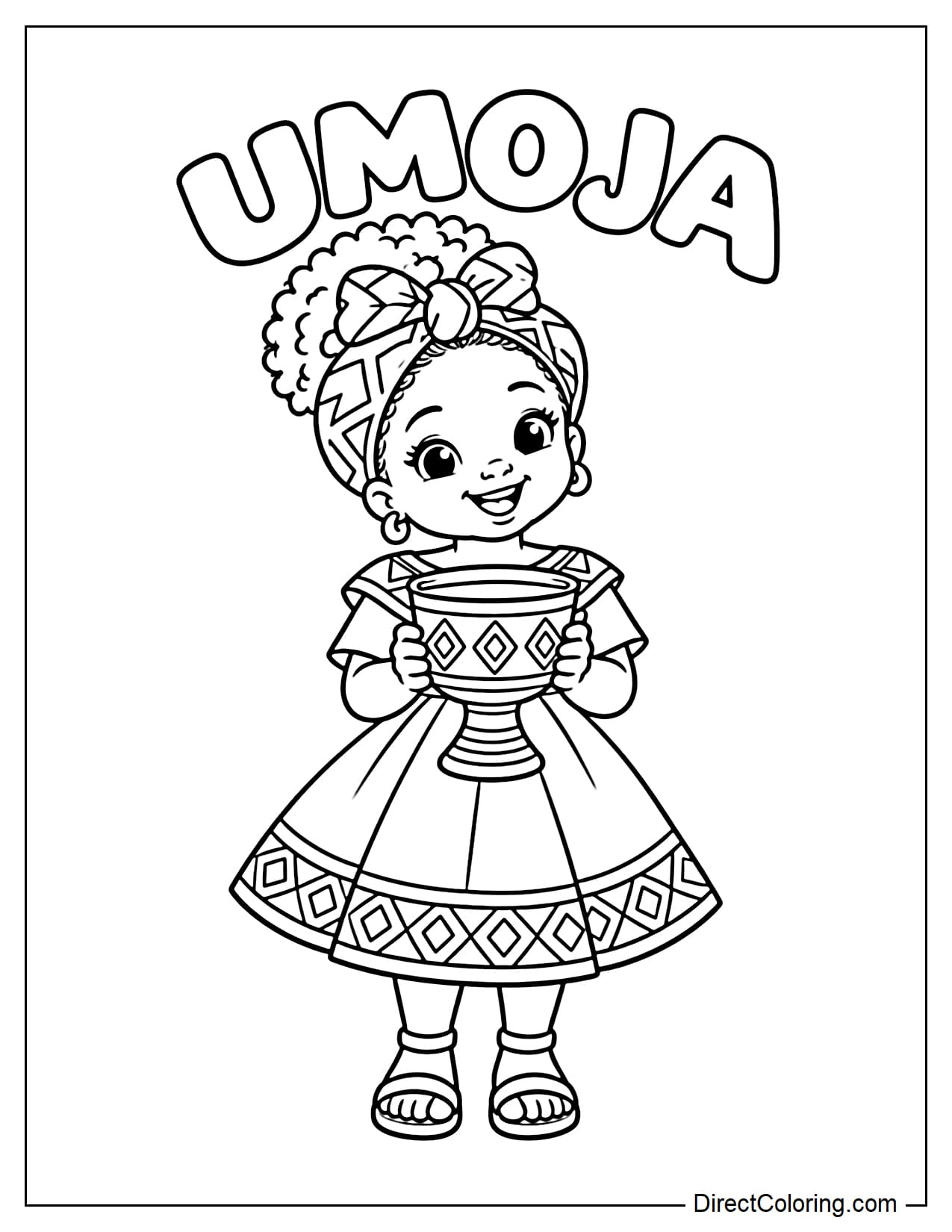 A cheerful African American girl with curly hair and a patterned headscarf holds a unity cup with both hands, with the word 