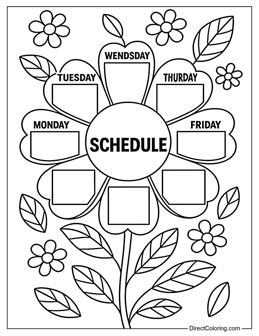A blooming flower schedule coloring page - each petal is a lesson of the day.