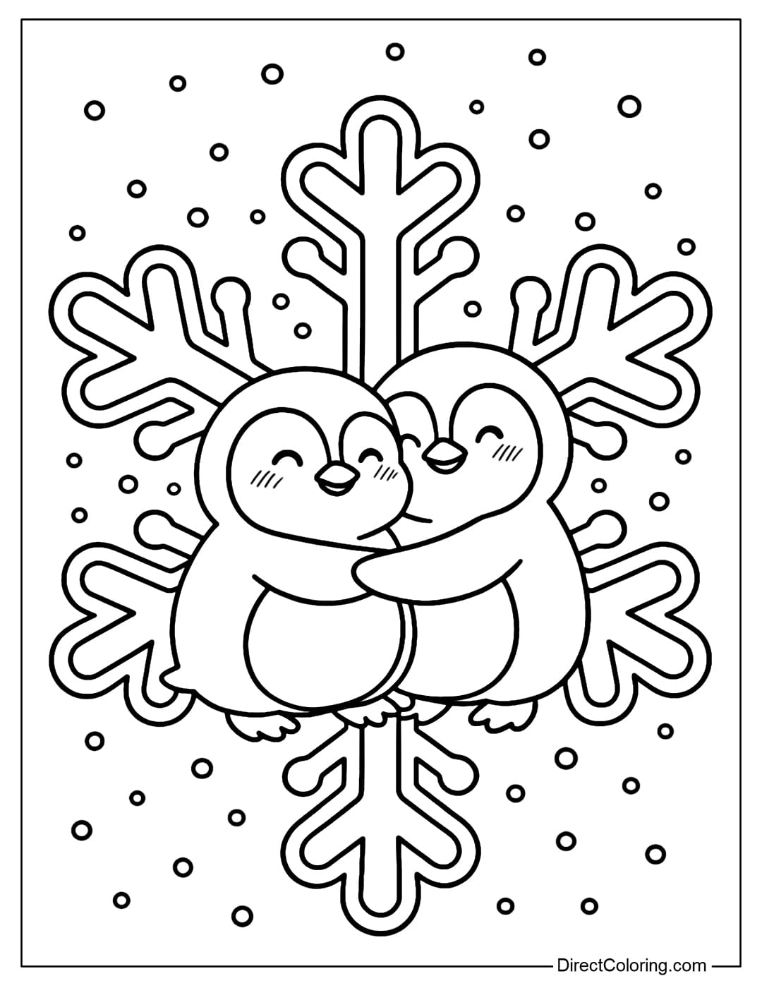 The large snowflake coloring page has a double border with thick, rounded branches, and two small penguins hugging each other in the center.
