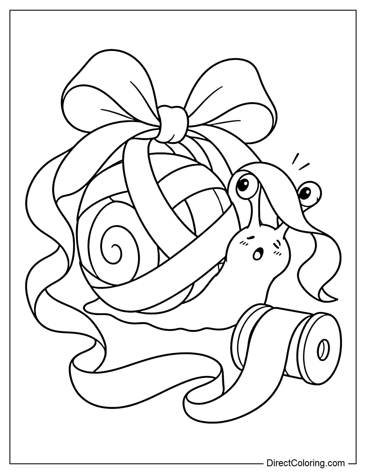 A little snail with a giant ribbon wrapped around its shell, forming a large bow on top. A big spool of ribbon is unraveling beside it.