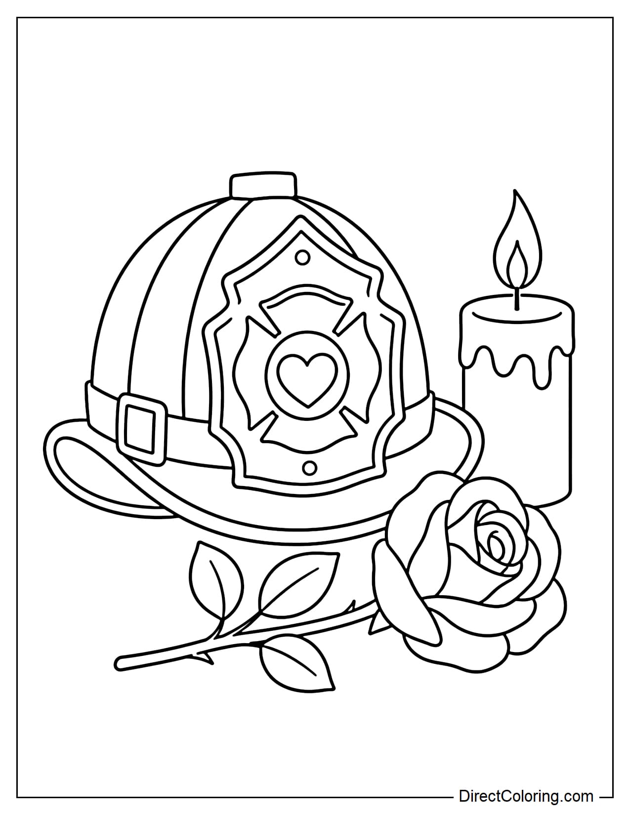 A large firefighter helmet is placed next to a lit candle and a simple rose.