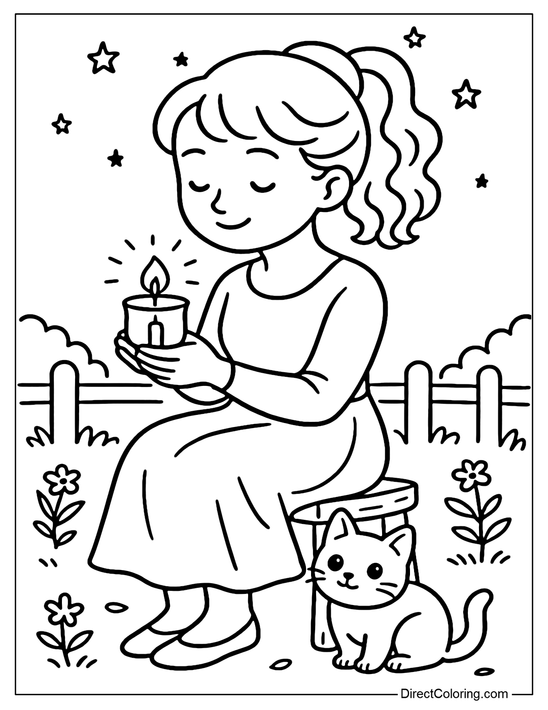 A coloring page of a little girl sitting on a small wooden chair, holding a shimmering candle in her hand, next to her is a gentle cat, its eyes reflecting the candle light. Around her are a few simple flowers and a starry sky.