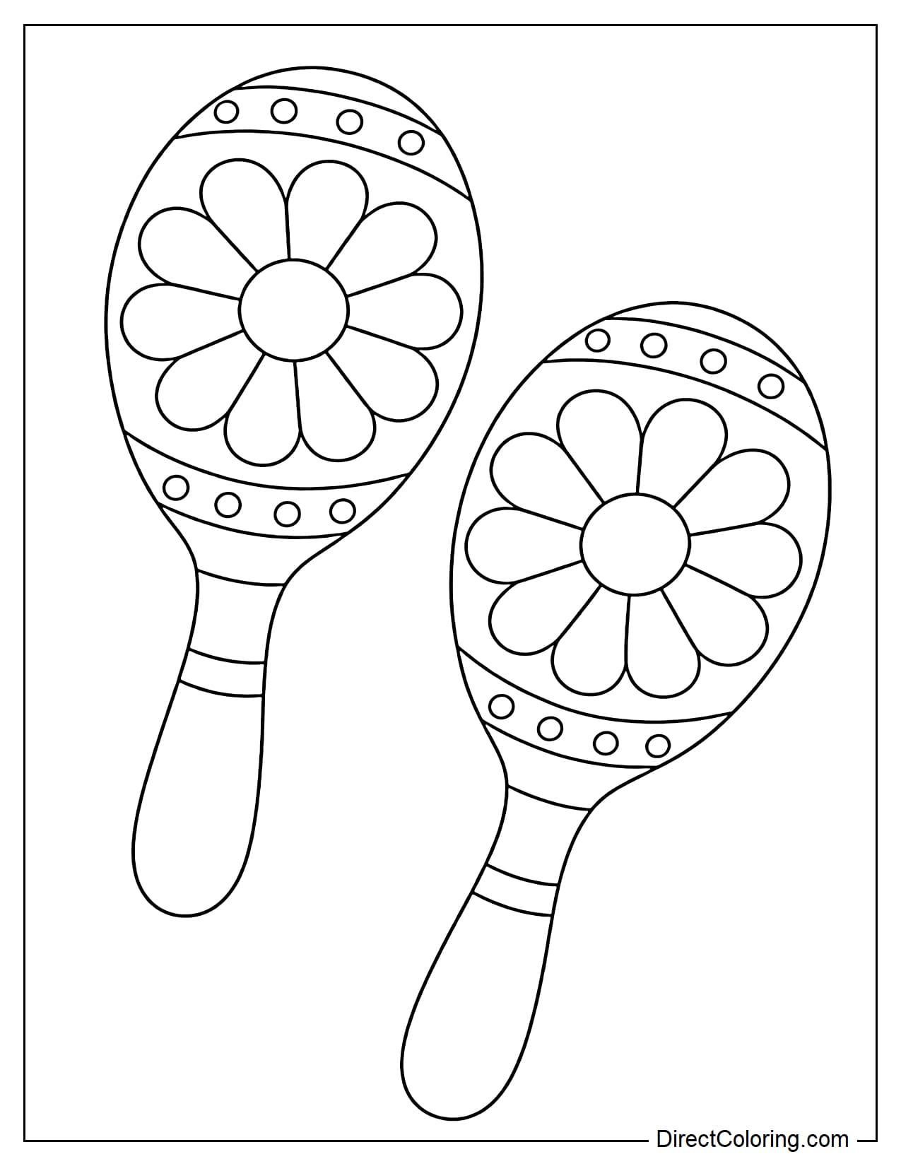 Maracas decorated with a large flower in the center. Above and below the flower are polka dot and parallel stripe borders.