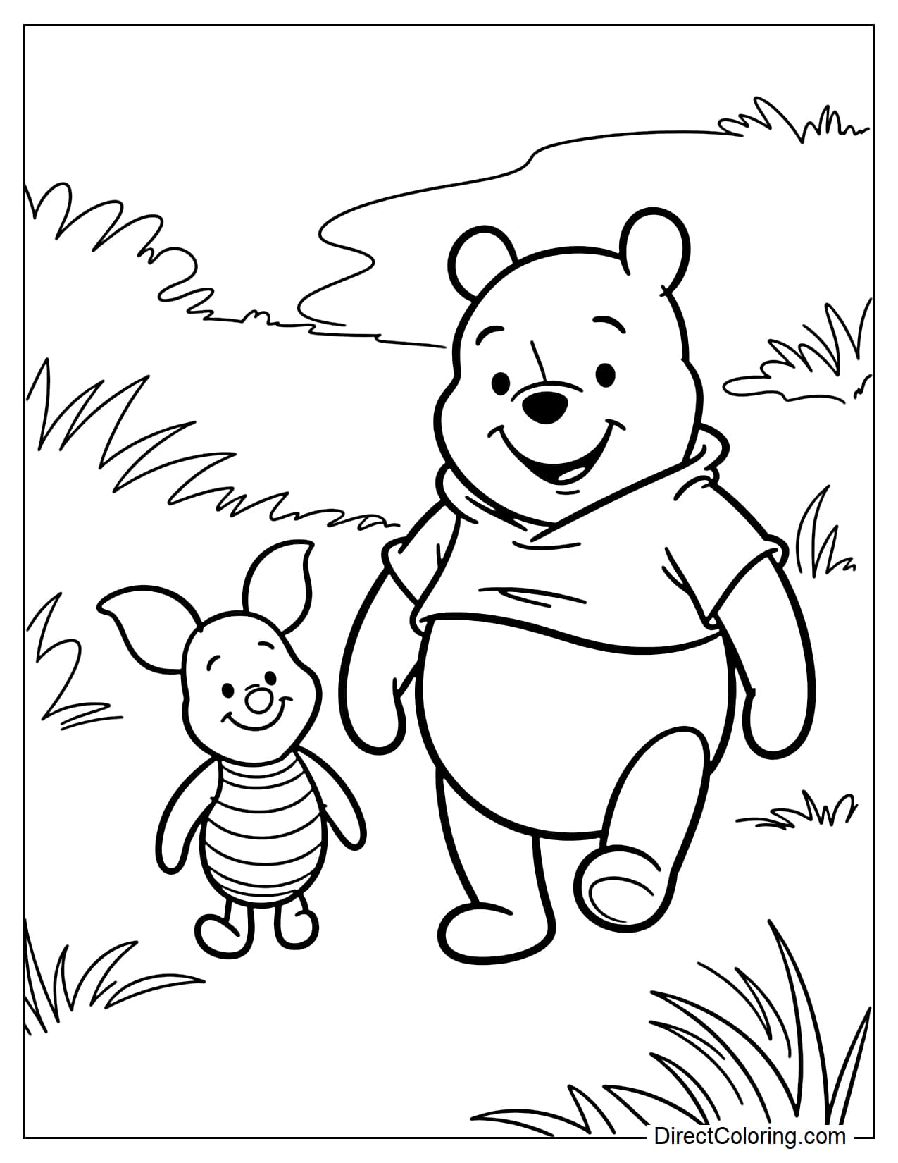 Winnie the Pooh and Piglet walk side by side with happy smiles, with some simple grasses below.