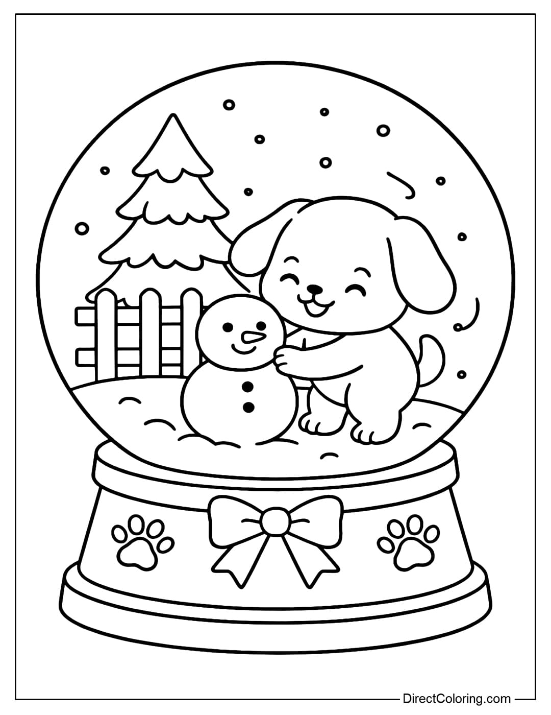 A snow globe coloring page featuring a lop-eared puppy building a little snowman, with a wooden fence and pine trees in the background.