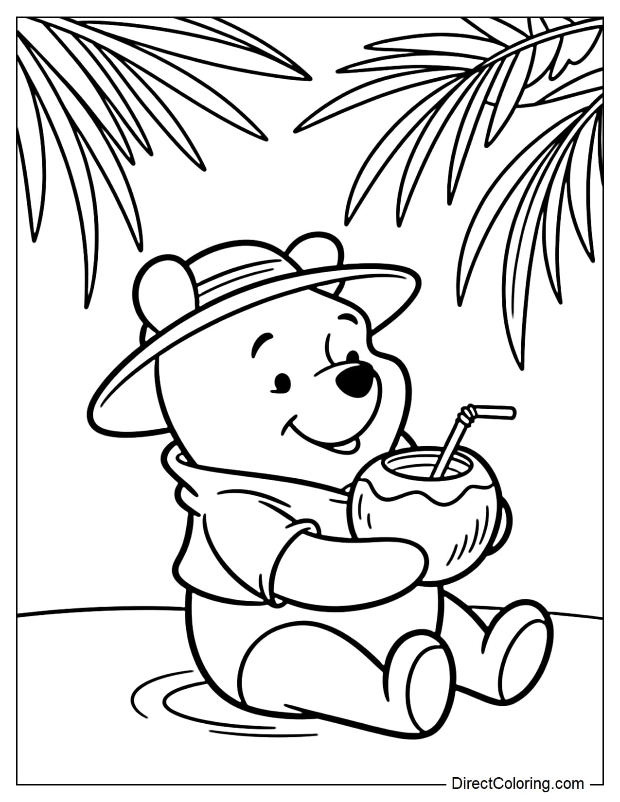 Winnie the Pooh, wearing a wide-brimmed hat, holds a coconut with a straw, her face relaxed and happy, surrounded by simple palm leaves.