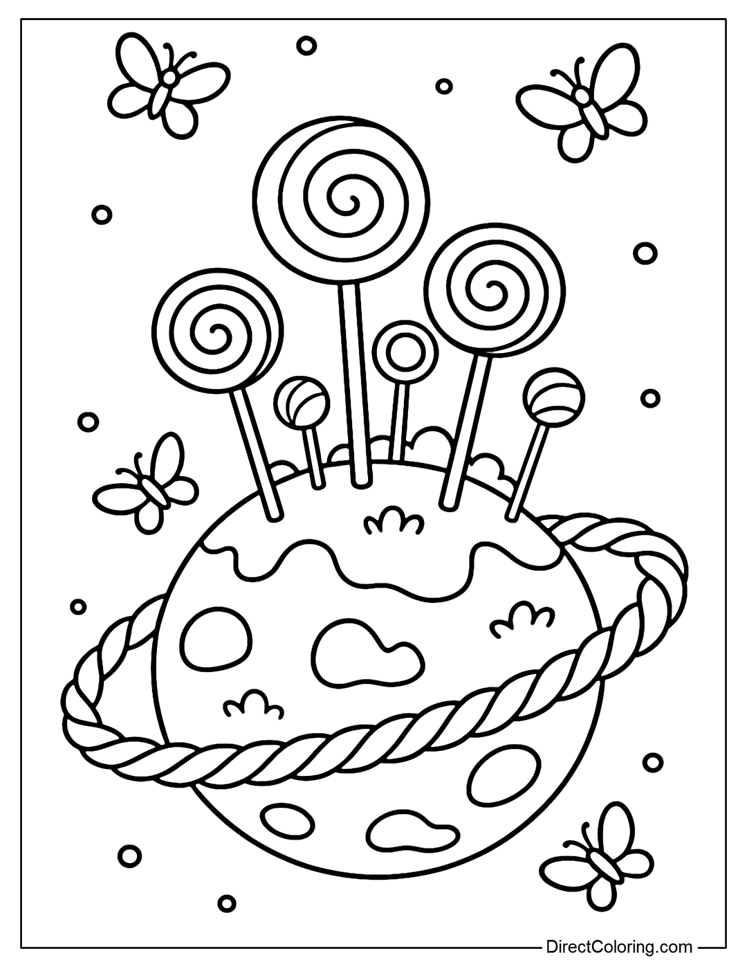 A giant lollipop garden planet coloring page with hundreds of colorful lollipops growing evenly on a curved surface.