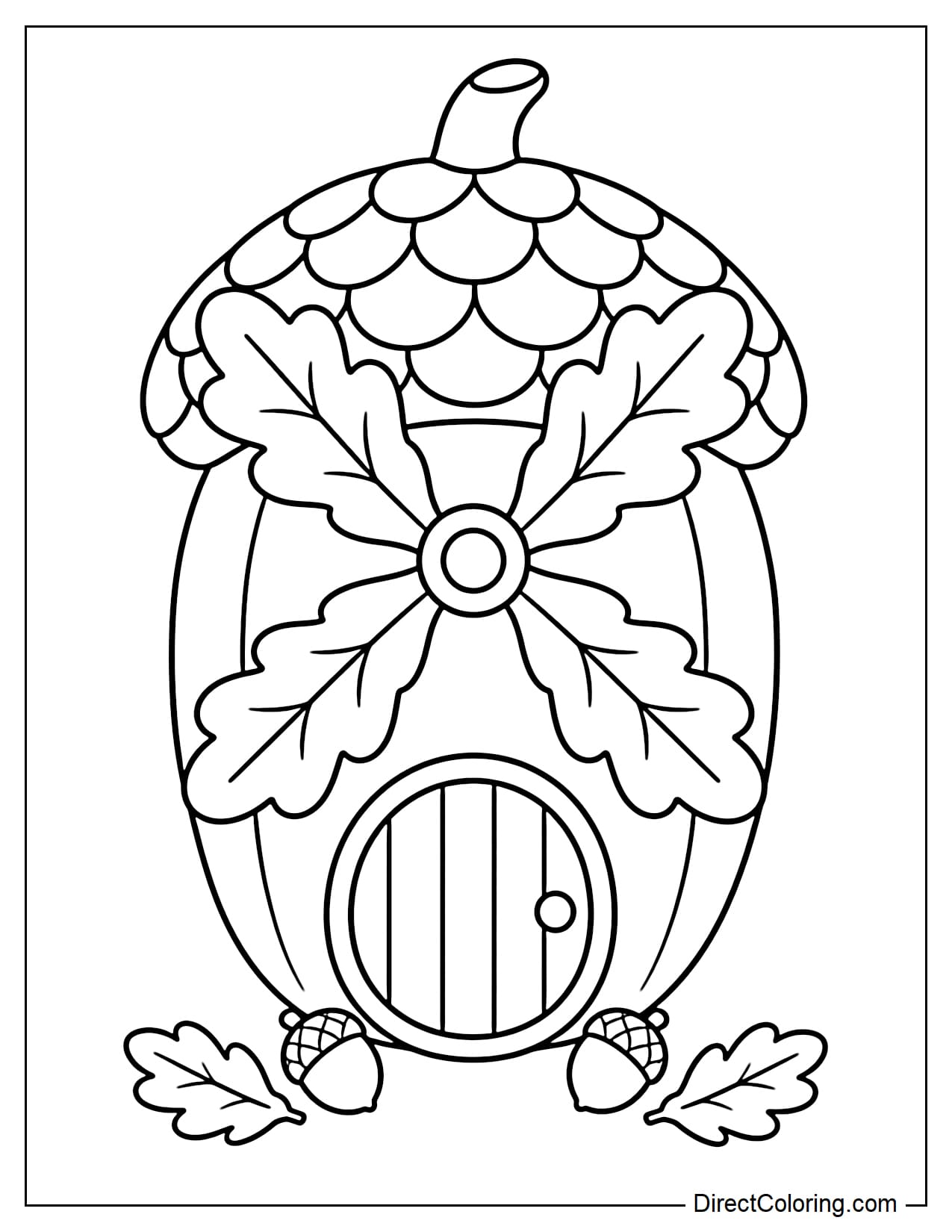 A giant upright acorn transformed into a small windmill, with the acorn body forming a house with a large round door, four large oak leaves forming the windmill blades on the front, and the acorn cap serving as the roof.
